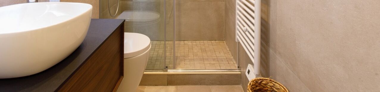 A bathroom with a large white basin, a toilet, and a glass-enclosed shower area.