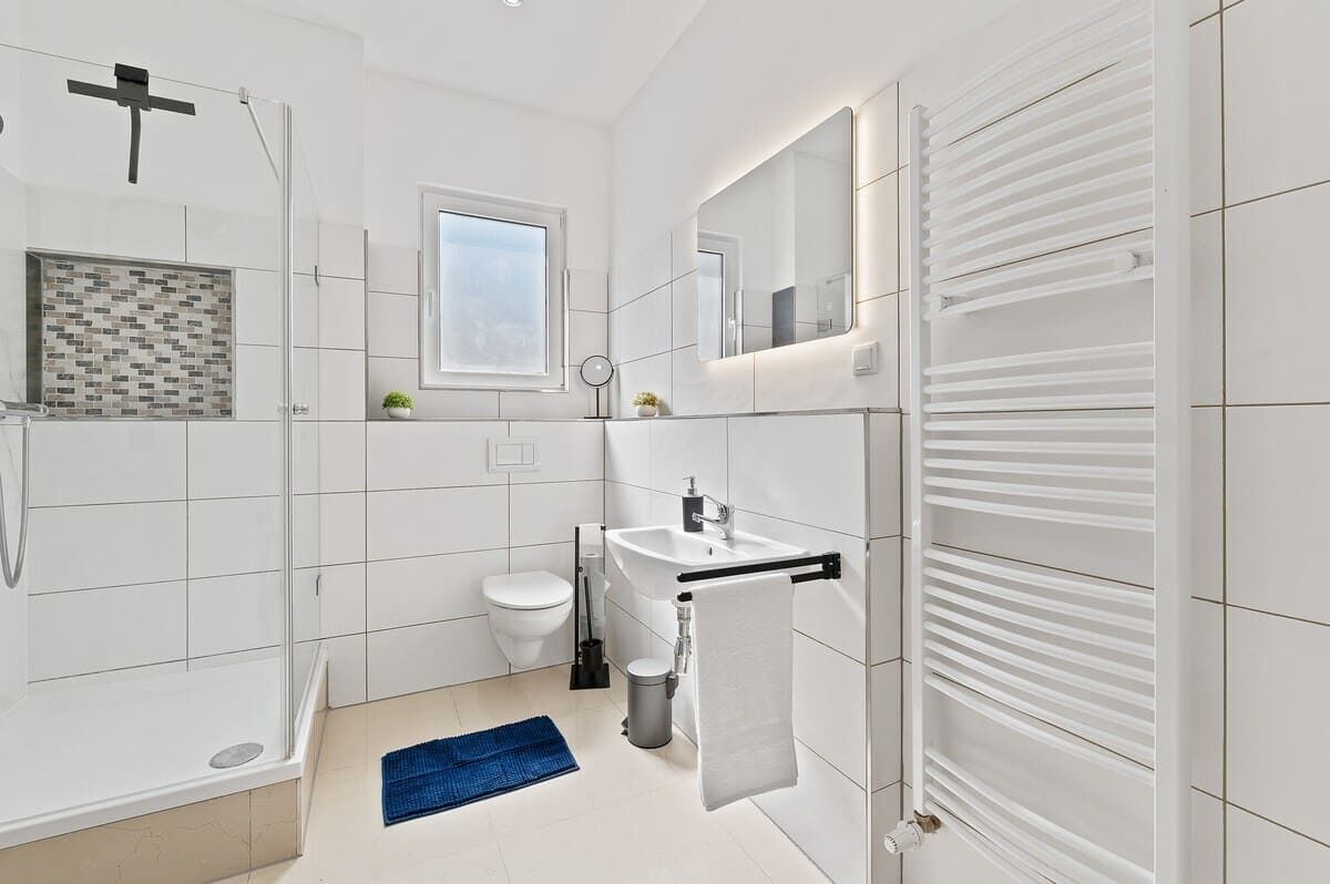 Shower, hair dryer, towels