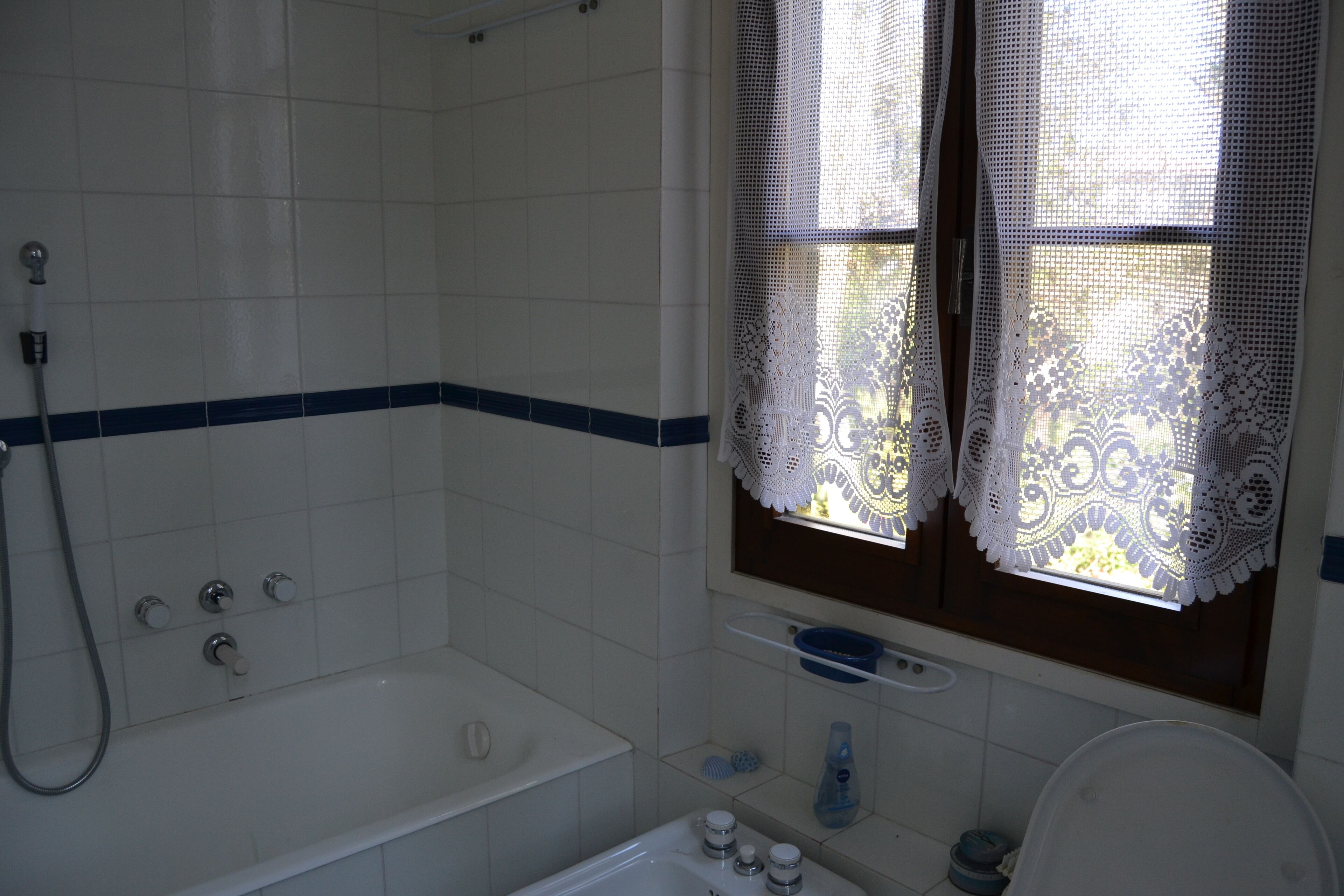 Ein Badezimmer mit Badewanne, Dusche und Toilette.