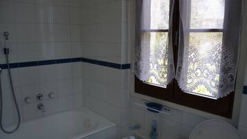 Ein Badezimmer mit Badewanne, Dusche und Toilette.