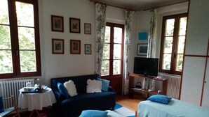 A room with a sofa, two beds, a TV, and framed pictures on the wall. - Elegant private room with lake view balcony (Castelveccana)