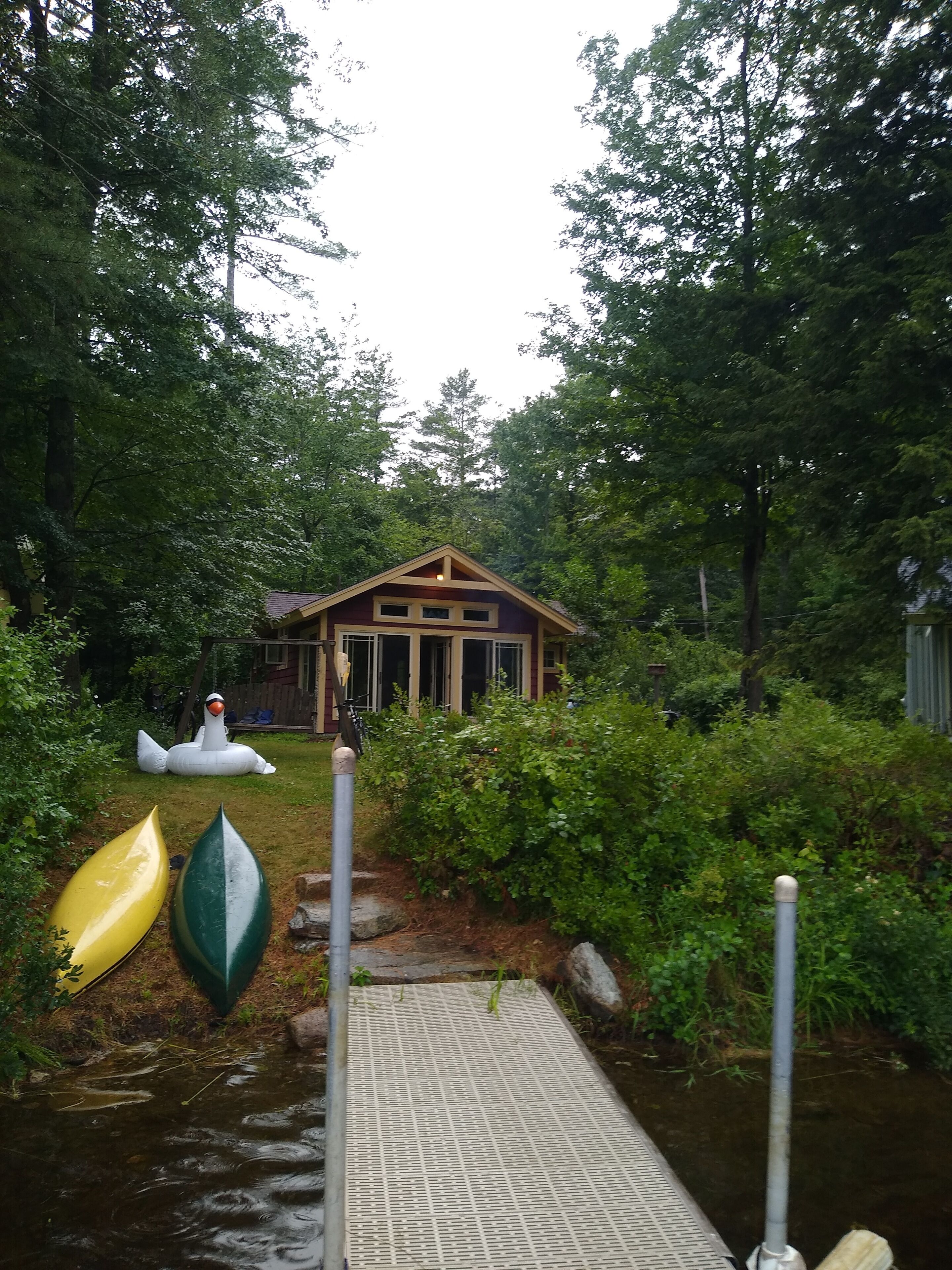 A wooden dock leading to a cabin surrounded by dense greenery.