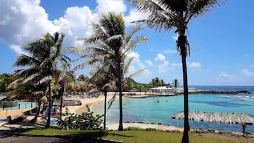 On the beach, sun loungers