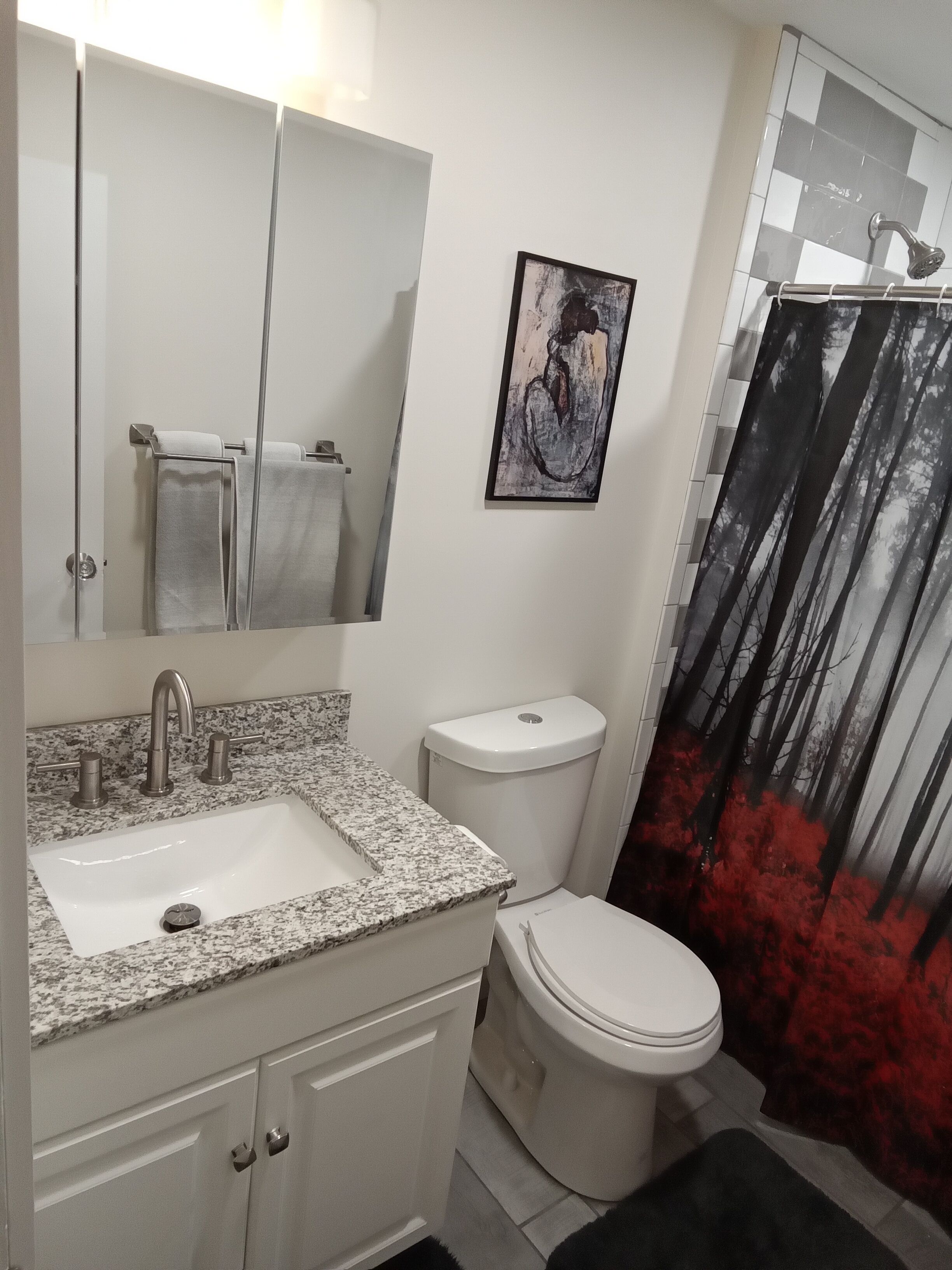 Une salle de bain avec un lavabo surmonté d’un plan de travail en granit, des toilettes blanches et un rideau de douche orné d’un motif de forêt.