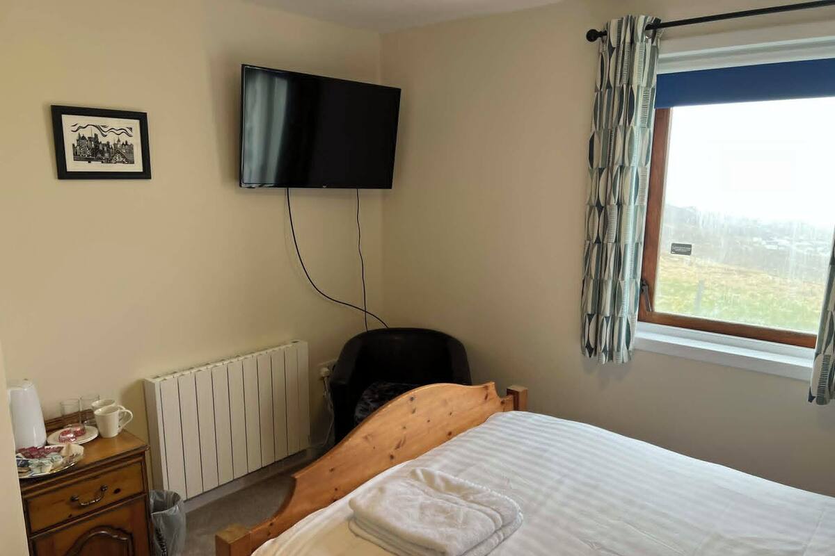 Une chambre à coucher avec un lit, un téléviseur fixé au mur, un radiateur, une fenêtre avec des rideaux et une commode sur laquelle sont posés divers objets.