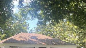 A small, single-story building with a red door, large windows, and a porch with outdoor furniture. - Newly renovated kitchenette. The Cozy cottage at the Marion County Lake. (Marion)