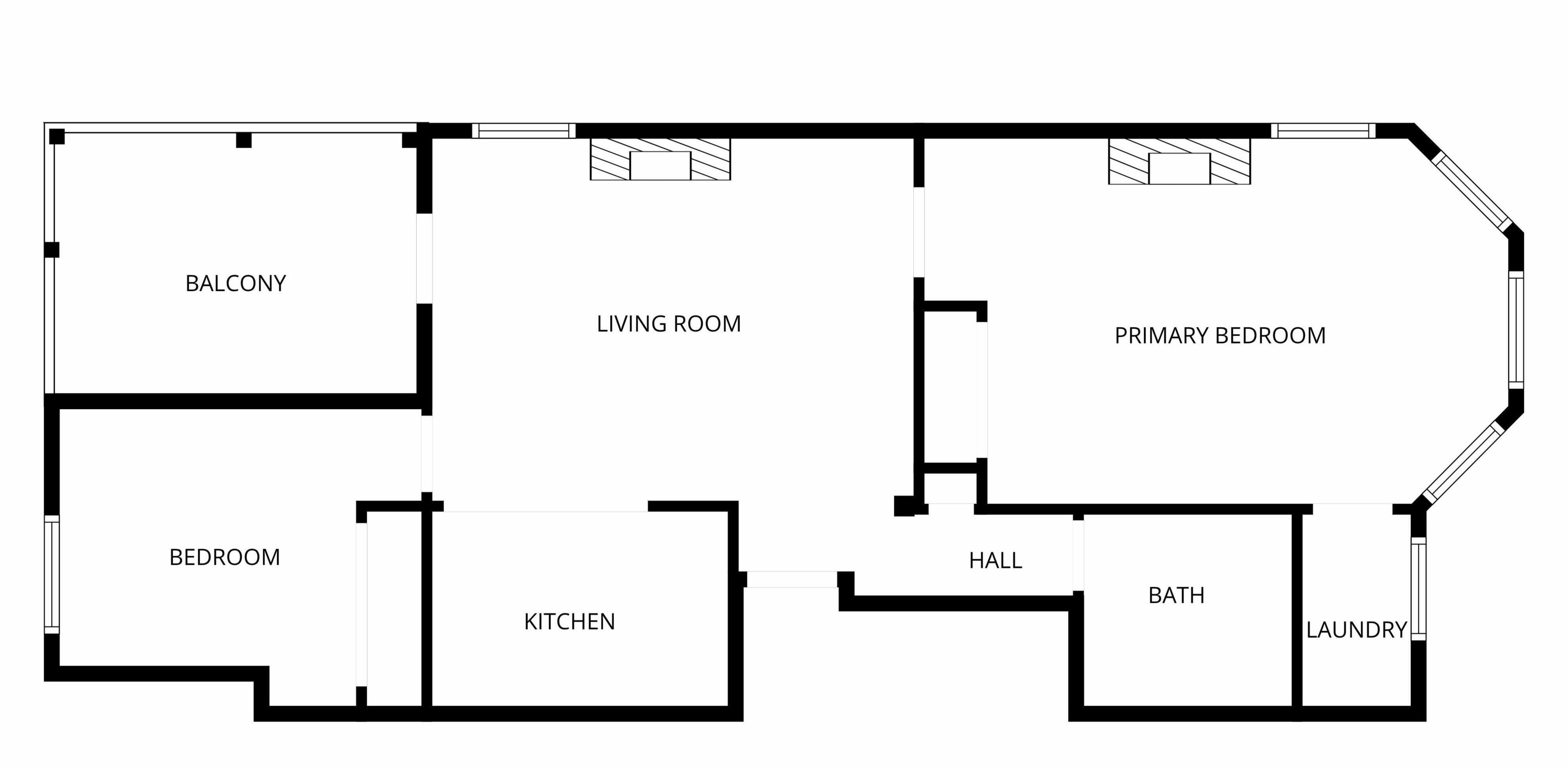 A floor plan of a house with a balcony, living room, primary bedroom, bedroom, kitchen, hall, bath, and laundry area.