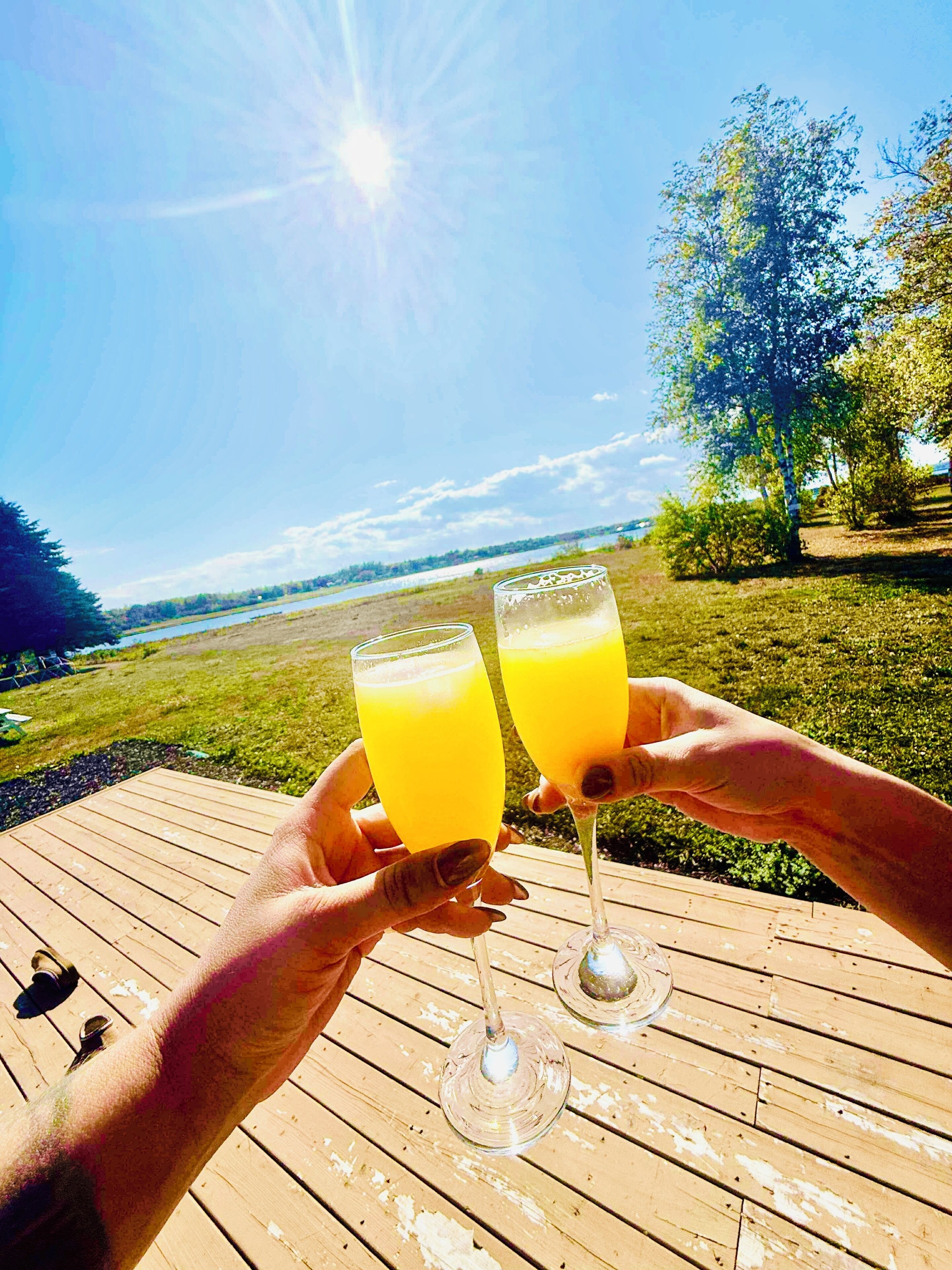 Deux personnes, chacune tenant un verre de jus d’orange, sont assises à une table en bois. On aperçoit, en arrière-plan, une rivière et des arbres.