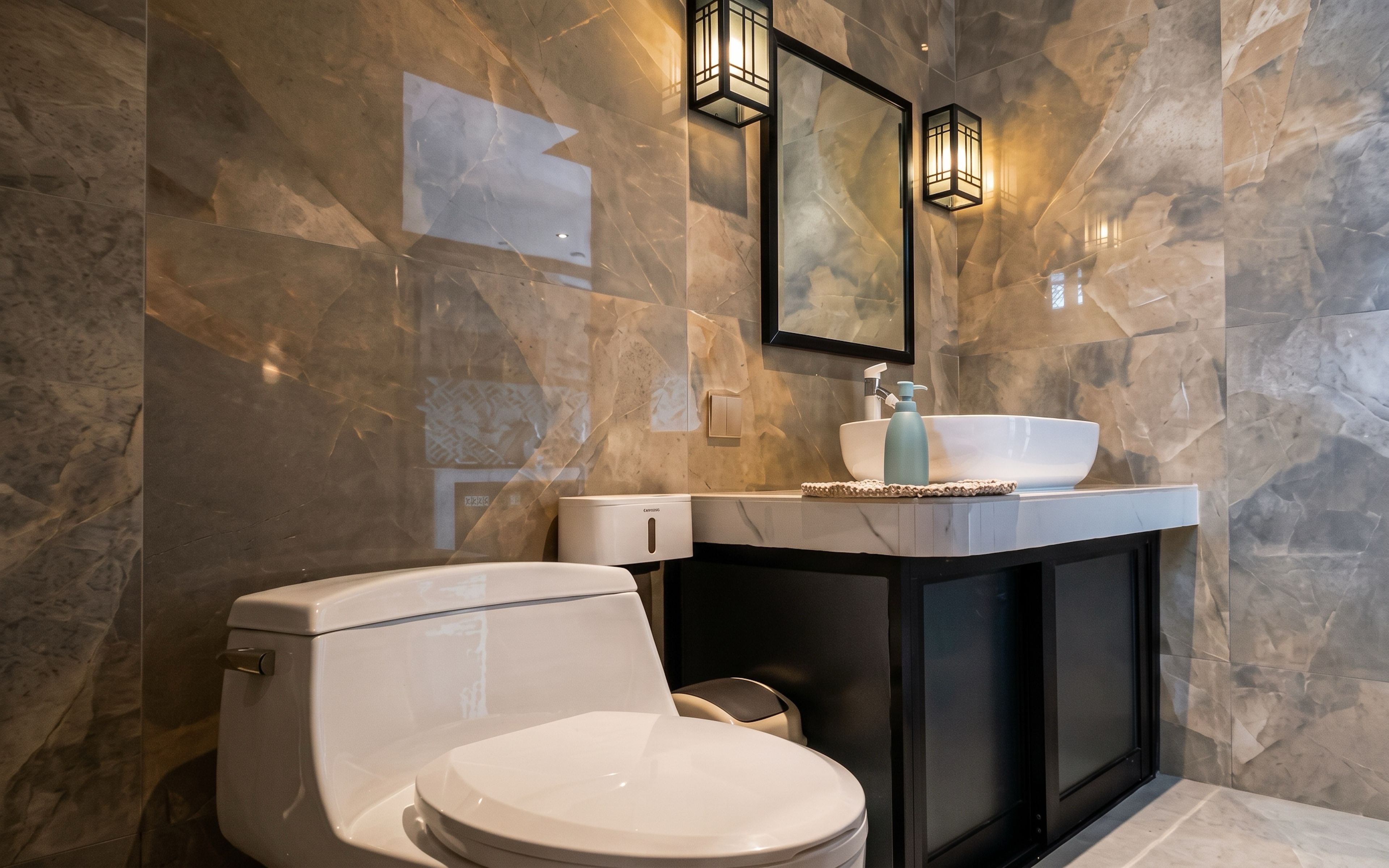 Ein modernes Badezimmer mit Marmorwand, Toilette in Weiß, schwarzem Unterschrank und Waschbecken mit blauem Seifenspender.