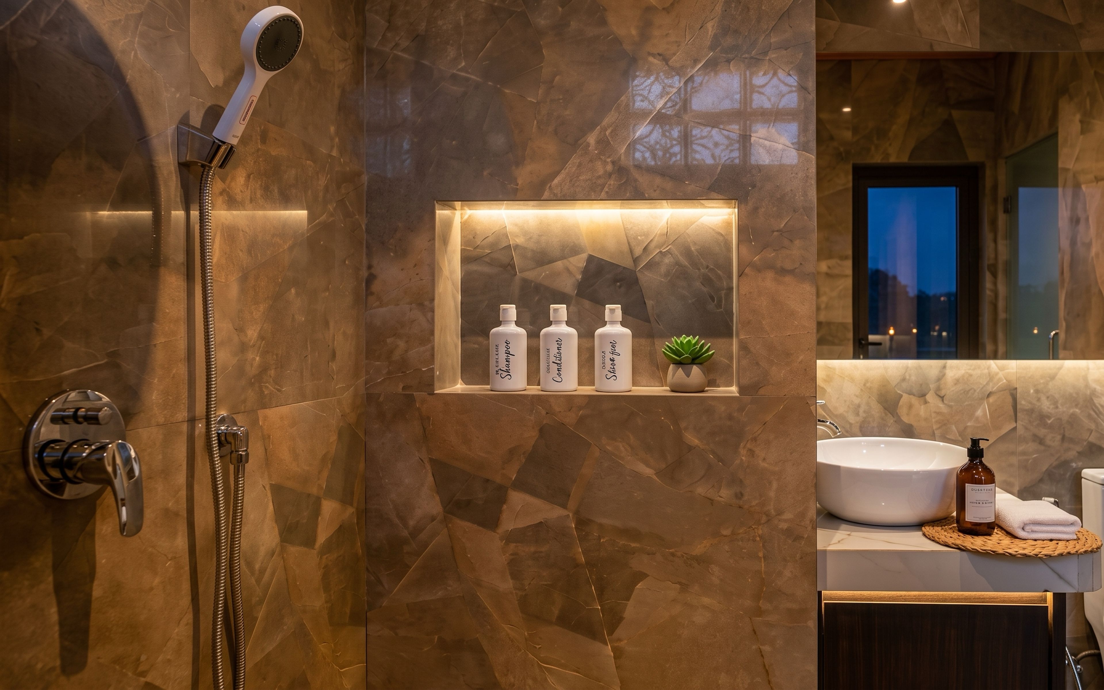 A modern bathroom with a marble wall, a shower, a shelf with toiletries, and a sink with a bottle of soap.