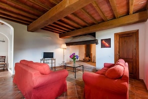 A living room with red sofas, a TV, a fireplace, and a wooden ceiling.