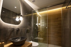 Shower, hair dryer, towels, shampoo