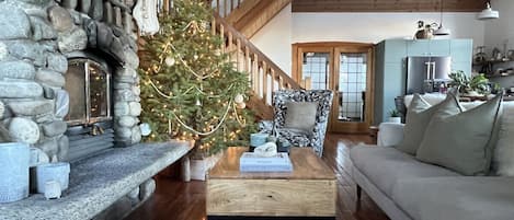 Smart TV, chimenea, libros y oficina