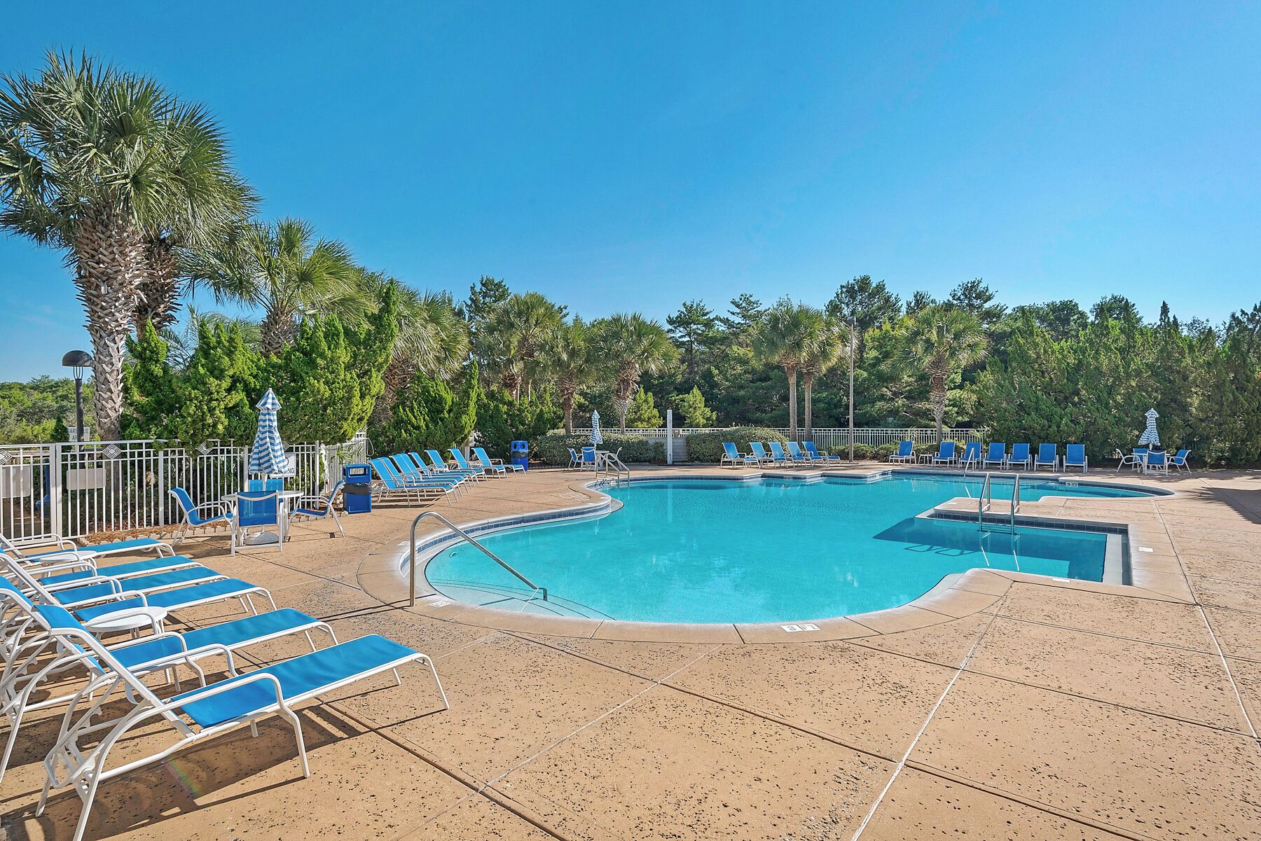 A swimming pool with blue lounge chairs and umbrellas, surrounded by palm trees and a clear sky.
