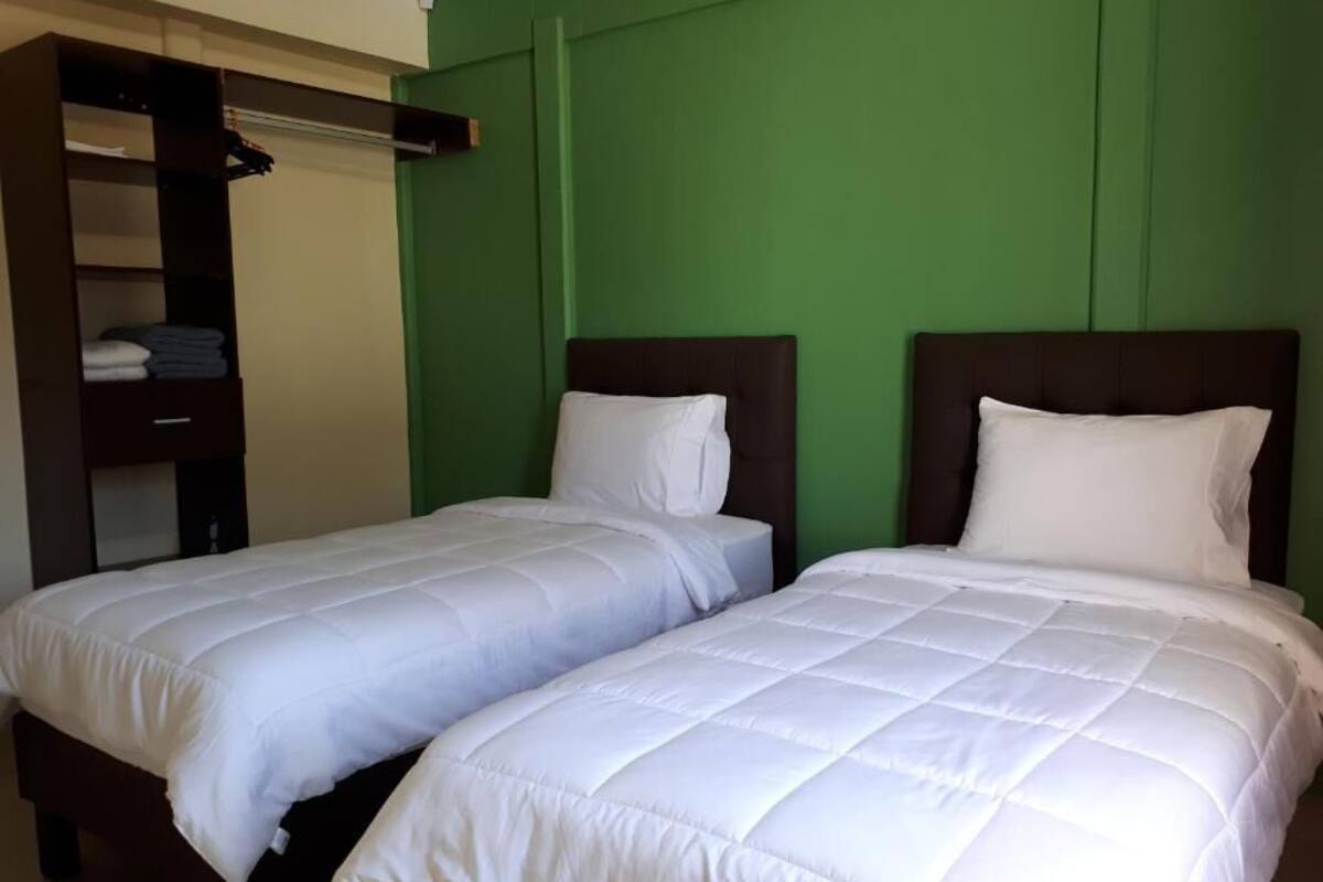 Deux lits simples avec du linge de lit blanc, dans une chambre aux murs verts et dotée d’une armoire en bois foncé.