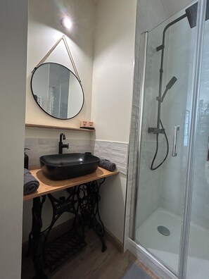 Regadera, secadora de cabello, toallas, papel de baño 