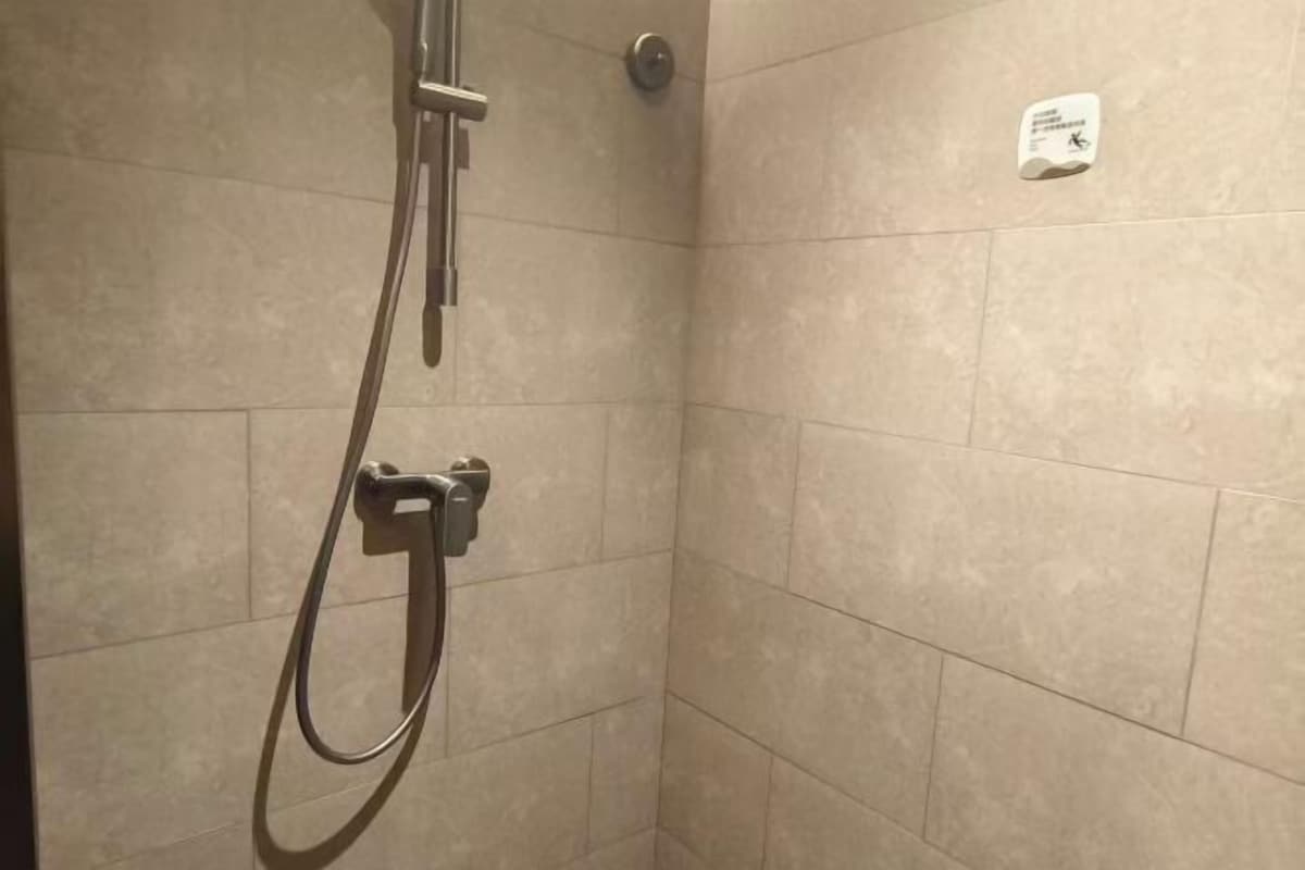 A shower area with a handheld showerhead and a wall-mounted control.
