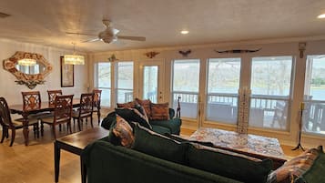 Smart TV, fireplace, table football, books