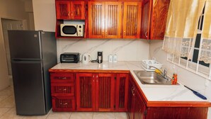 A kitchen with wooden cabinets, a black refrigerator, a microwave, a toaster, and a sink.