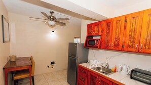 Una cocina compacta equipada con refrigerador, microondas, lavamanos y ventilador de techo.