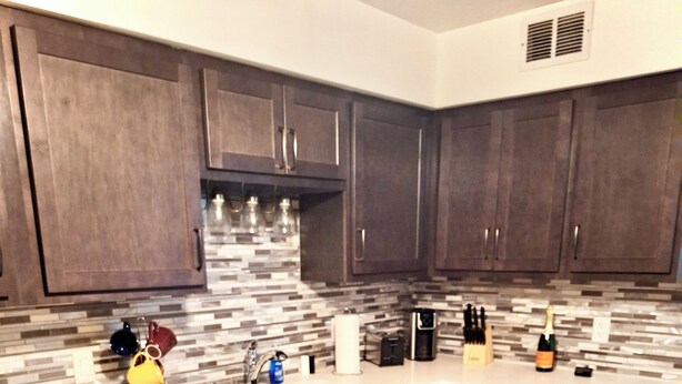 Una cocina moderna con armarios de madera oscura, lavavajillas de acero inoxidable y salpicadero de azulejos.