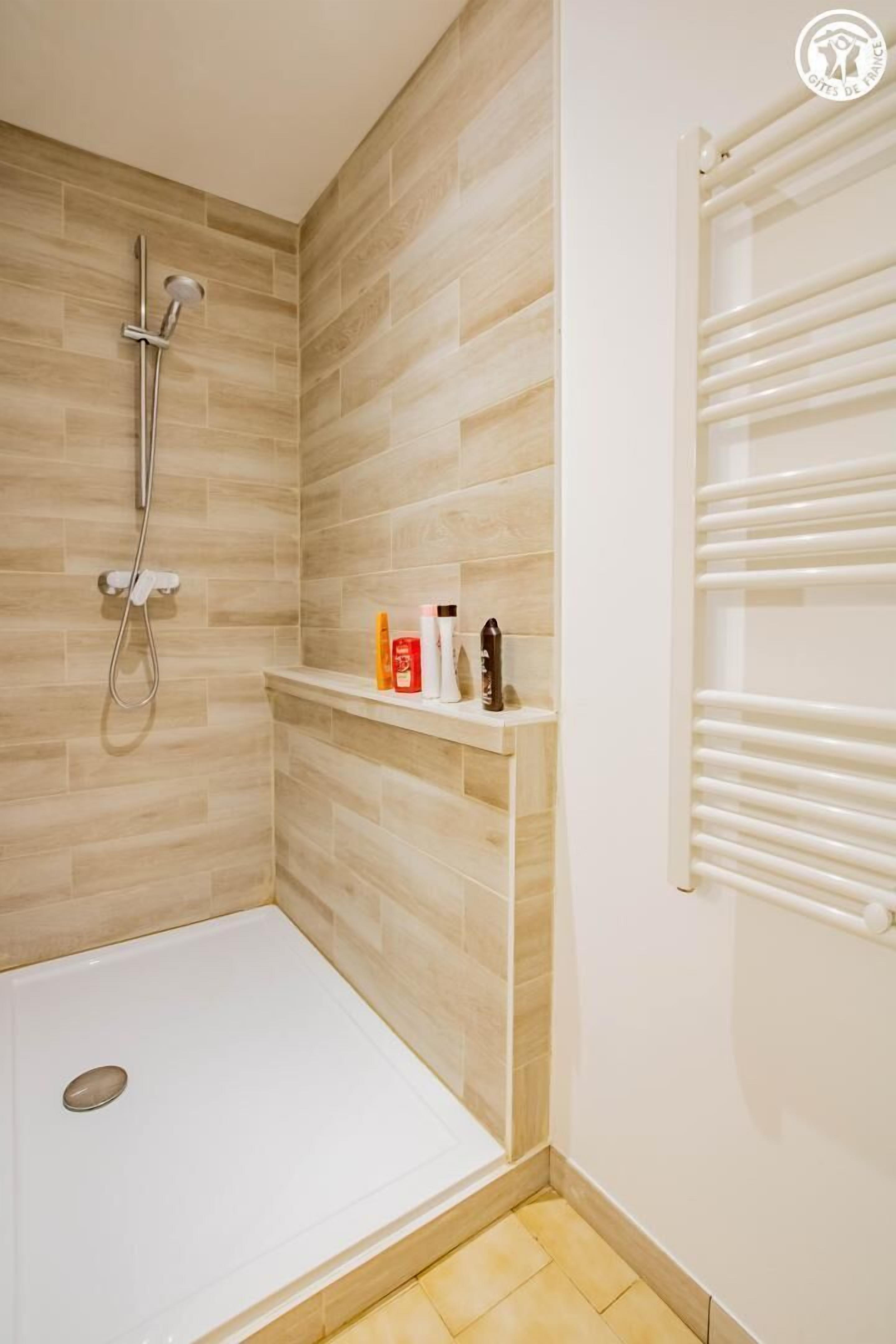 Un área de ducha moderna con un cabezal de ducha tipo lluvia integrado, un lavabo blanco y un estante con artículos de aseo.