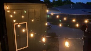 A small building with a window and a door, surrounded by a garden area with string lights.