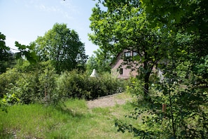 Escape to a serene wooded retreat with a traditional house nestled among lush greenery, accessible via a winding gravel path.