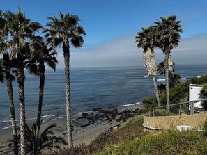 A coastal view with palm trees and a sign indicating a beach area. - Mid-Century Retreat in the Heart of Encinitas (Encinitas)