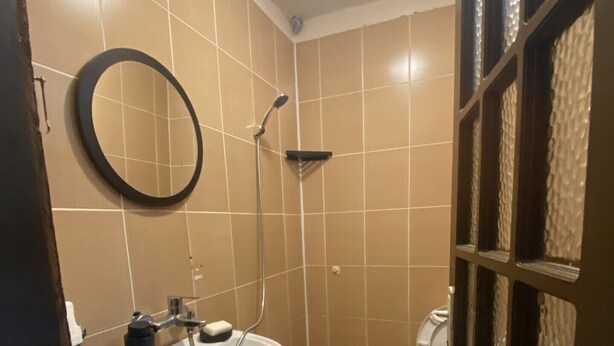 Une salle de bain équipée d’un lavabo, d’un miroir, d’une douche et de toilettes.