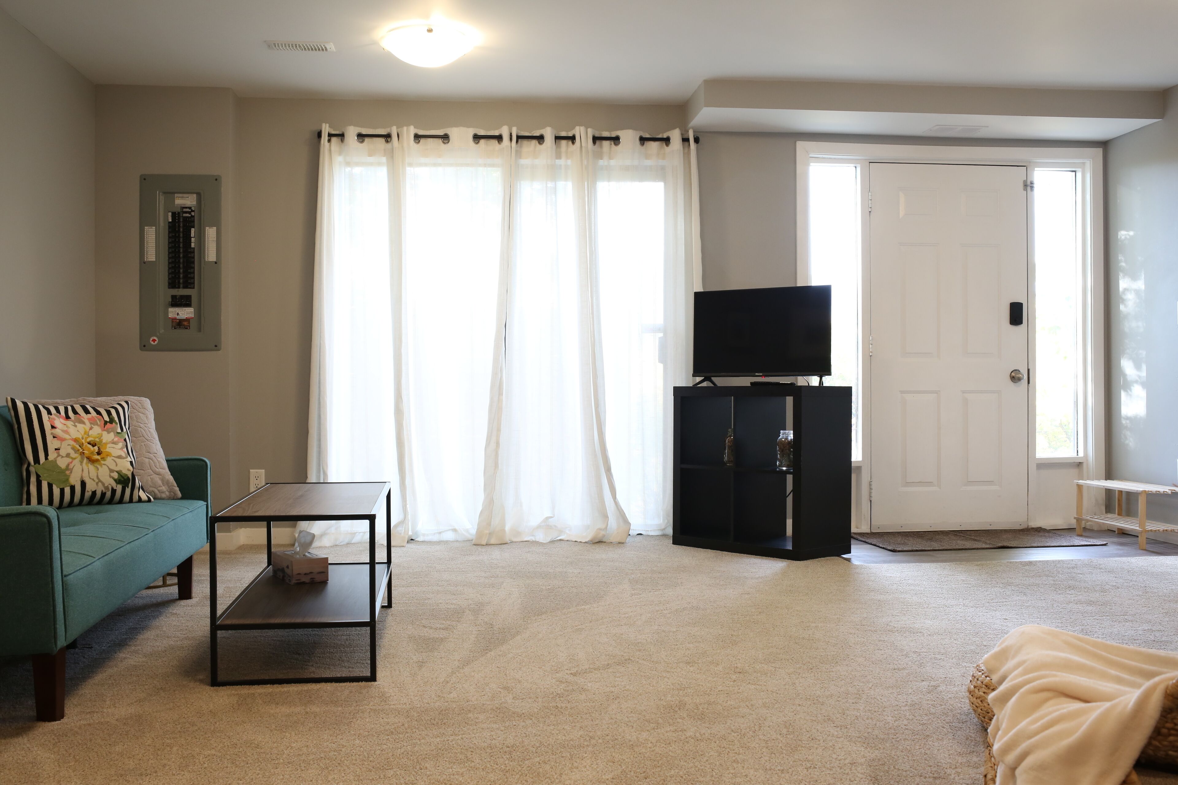 A living room with a green sofa, a coffee table, a black entertainment unit, and a white door.