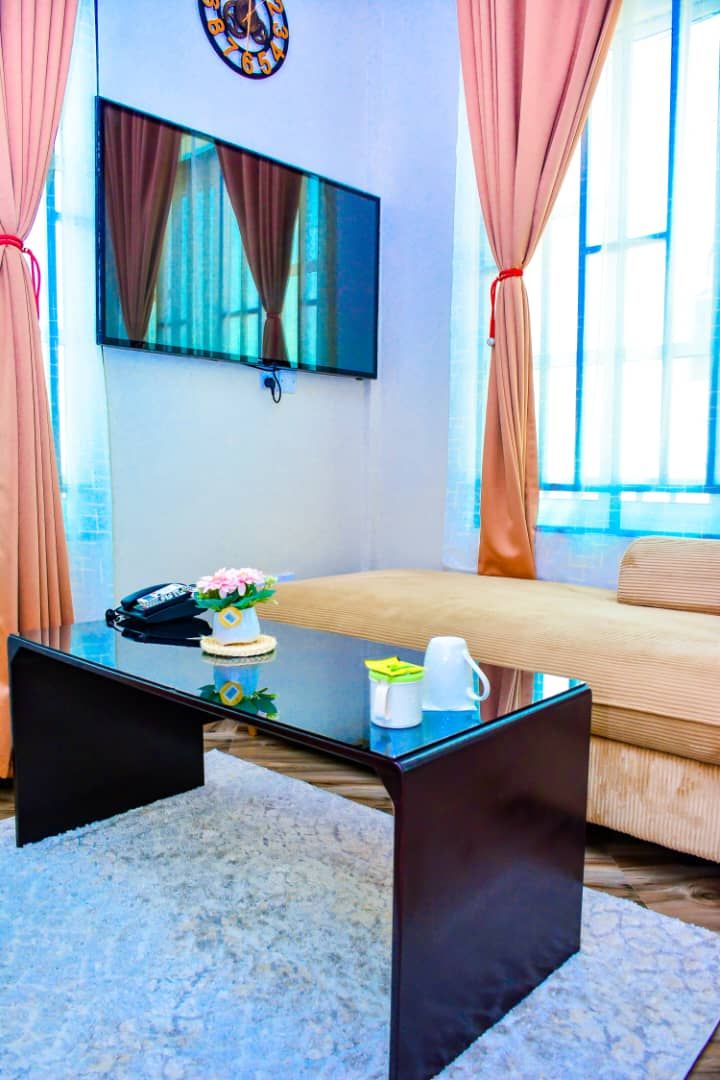 Une chambre d’hôtel moderne dotée d’un grand lit, d’un téléviseur à écran plat fixé au mur, d’une table basse ornée d’un vase de fleurs et d’un téléphone posé sur la table.
