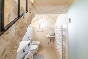 Een douche, een haardroger, een bidet, handdoeken