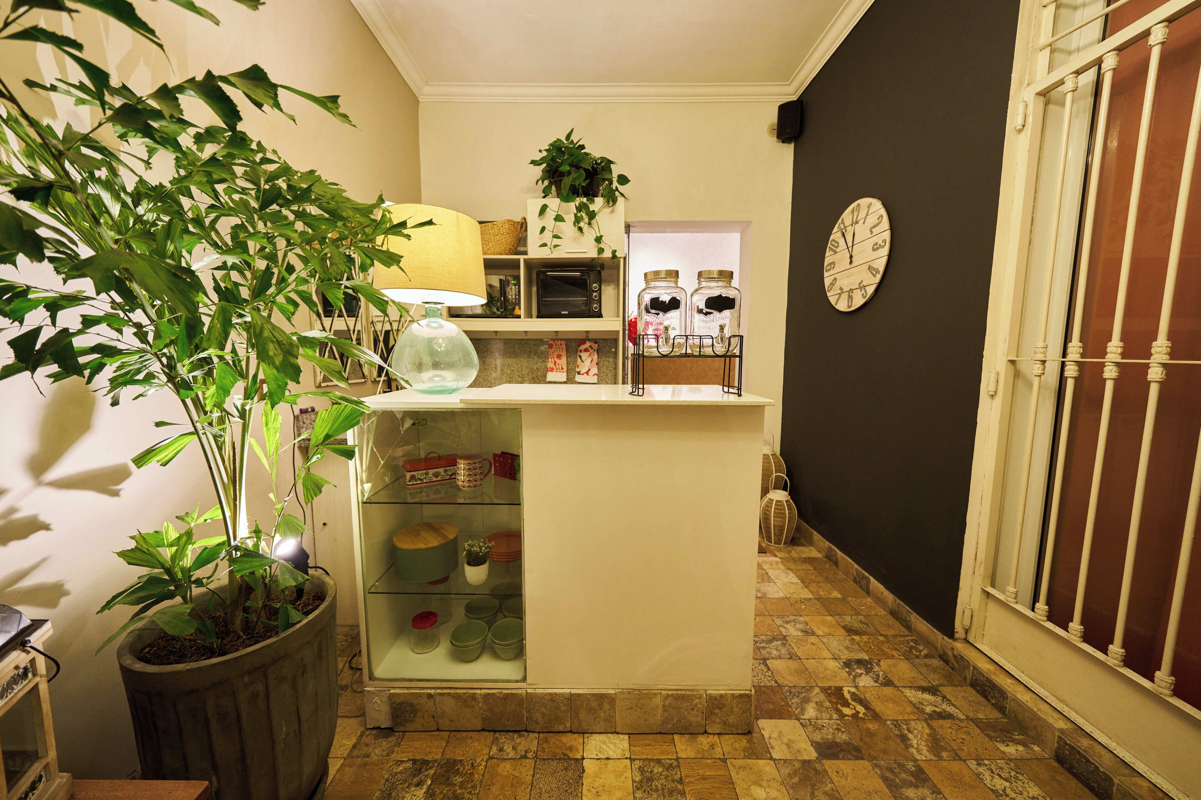 A kitchen area with a potted plant, a glass cabinet with dishes, a microwave, and a clock on the wall.