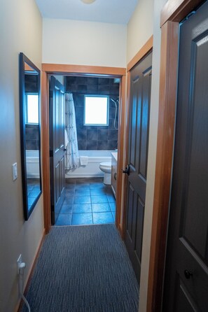 Hair dryer, towels, soap, shampoo