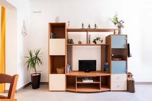 A living room with a TV, wooden shelves, a potted plant, and a chair.