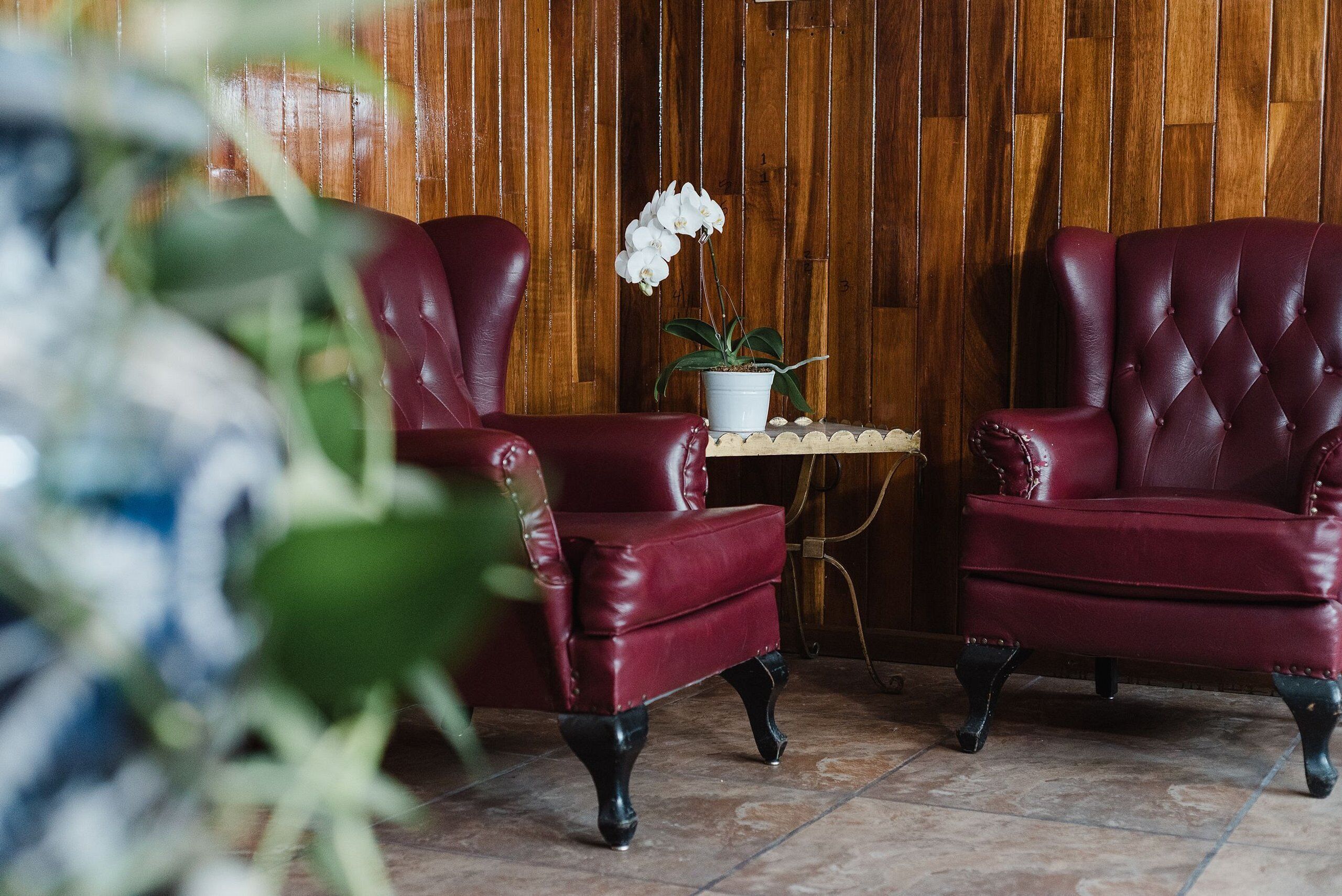 Een kamer met twee rode leren fauteuils, een witte bijzettafeltje met een orchidee in pot, en een wand van houten panelen.