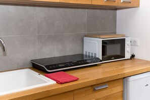 Réfrigérateur, micro-ondes, plaque de cuisson, cafetière/bouilloire