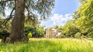 Ein Haus, umgeben von einem grasbewachsen Feld, mit einem großen Baum im Vordergrund.