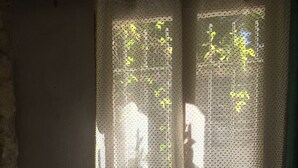 A room with a television on a small table, a window with a patterned curtain, and a view of greenery outside. - Petit nid D'amour, au Coeur du Père Lachaise (Paris)