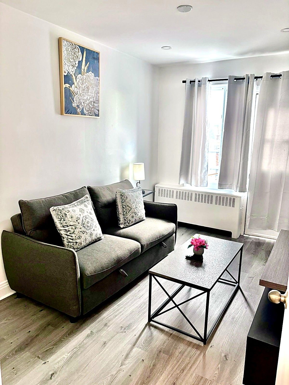 Ein modernes Wohnzimmer mit einer Couch, einem Couchtisch und einer Heizung.