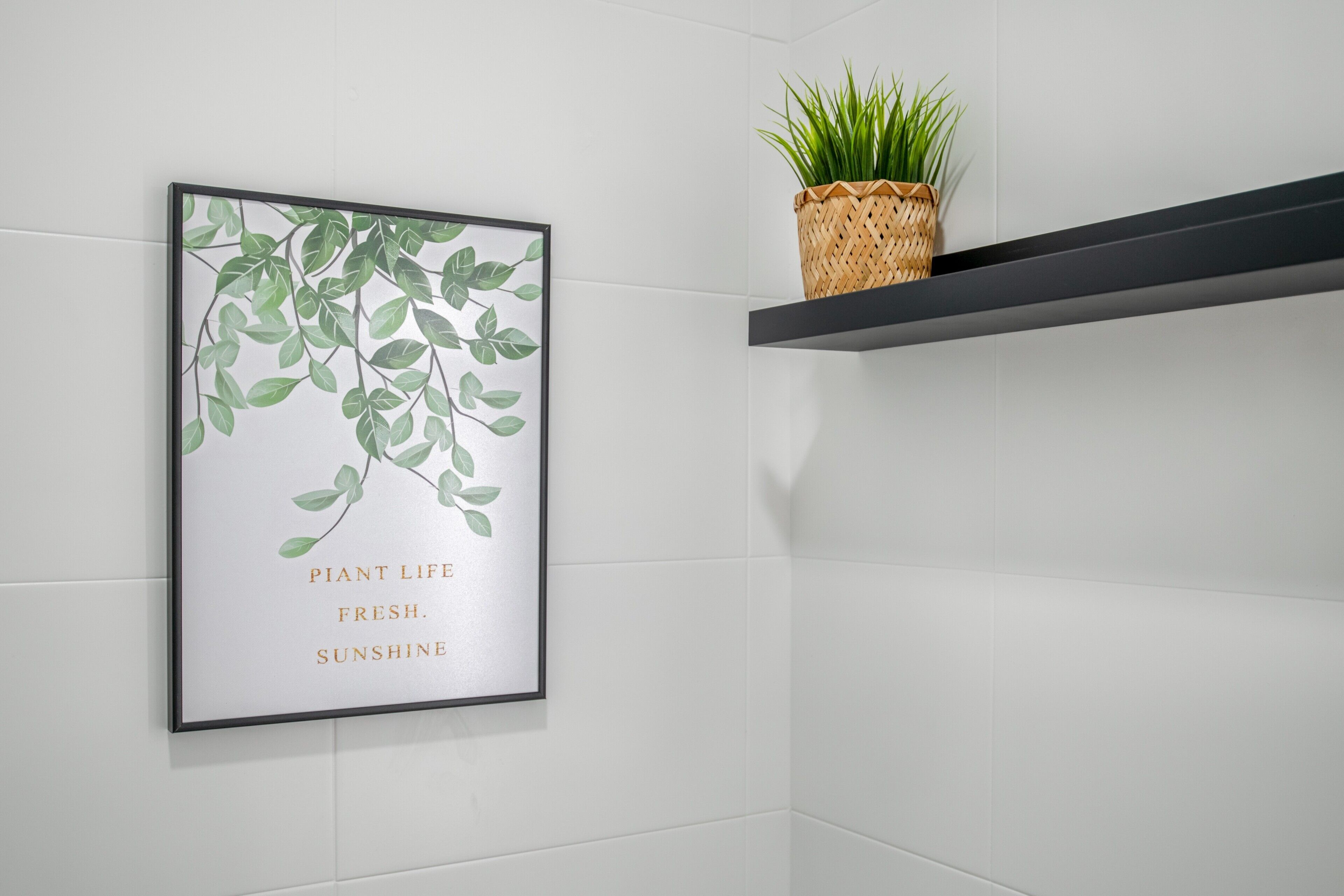 A framed botanical print on a wall, a woven basket with a plant, and a black shelf.
