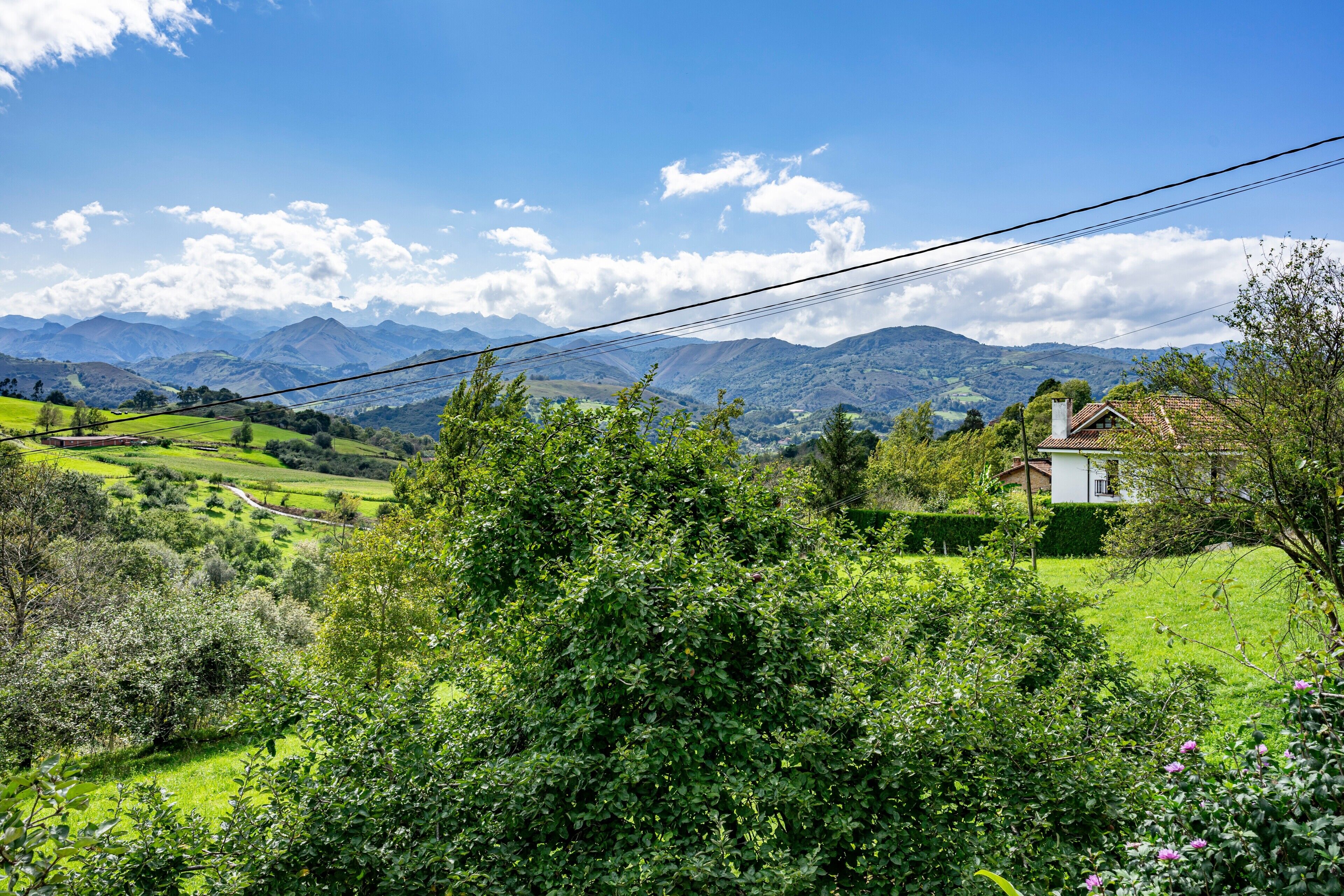 Un paisaje rural con una casa, campos verdes y montañas al fondo.