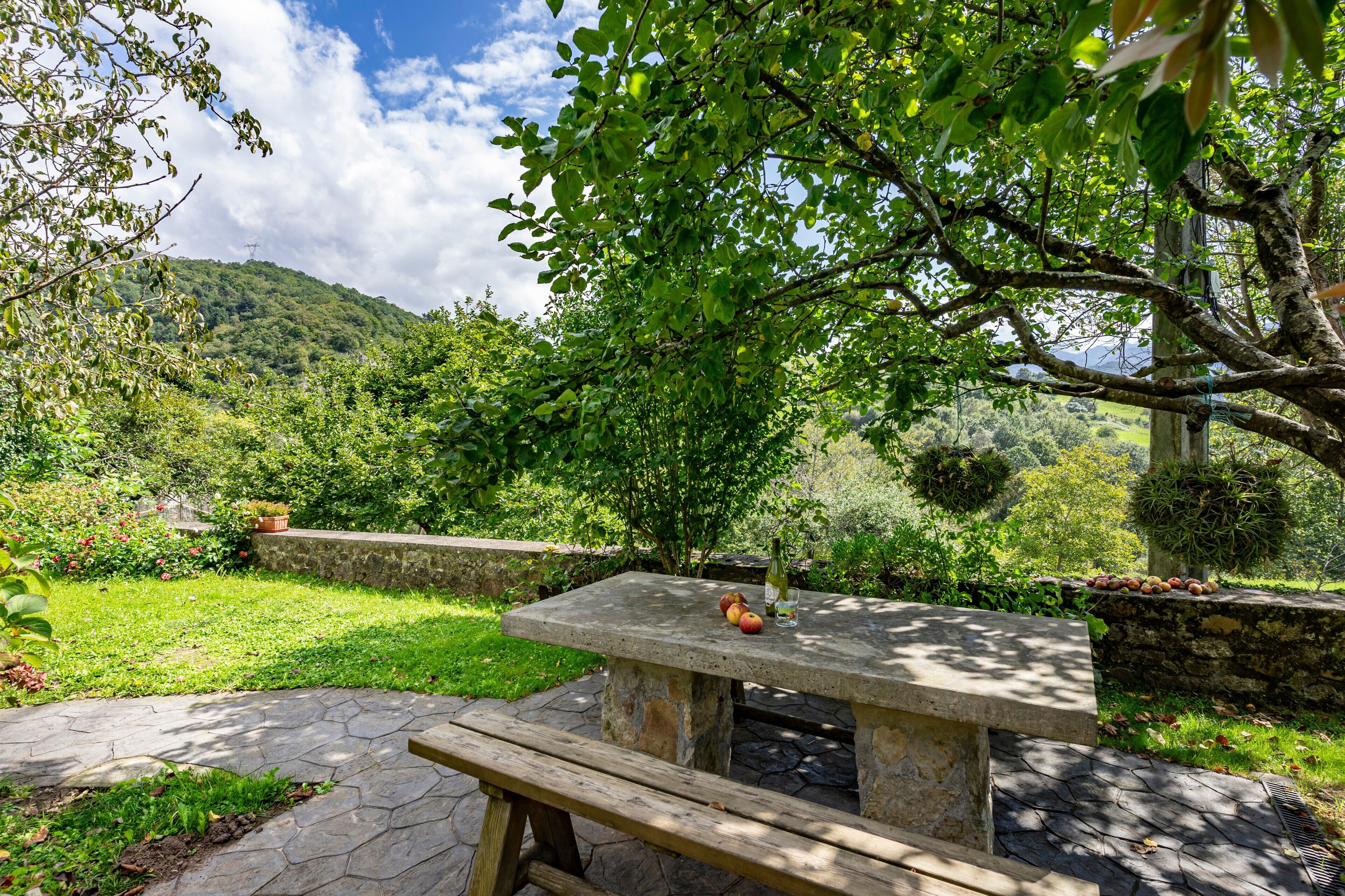A stone patio with a picnic table, surrounded by lush greenery and a stone wall.