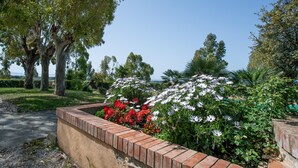 Un jardín con borde de ladrillo, árboles y plantas con flores.