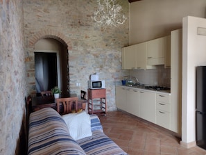A cozy living room with a sofa, a dining table, and a kitchen area with cabinets and a microwave.