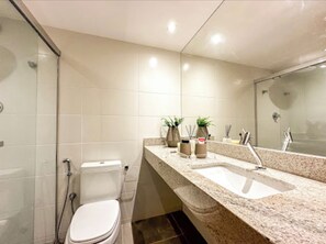 Hair dryer, towels, soap, toilet paper