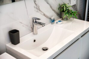 Shower, hair dryer, bidet, towels