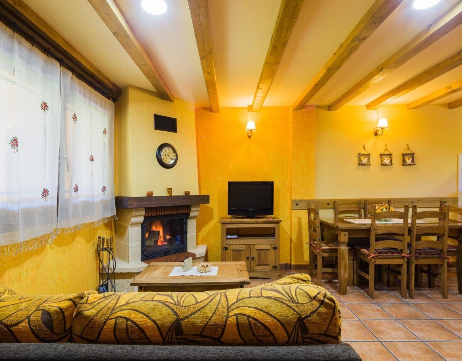 Televisión, chimenea, reproductor de DVD