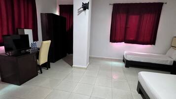 Una habitación con cama, un escritorio con silla y televisión.